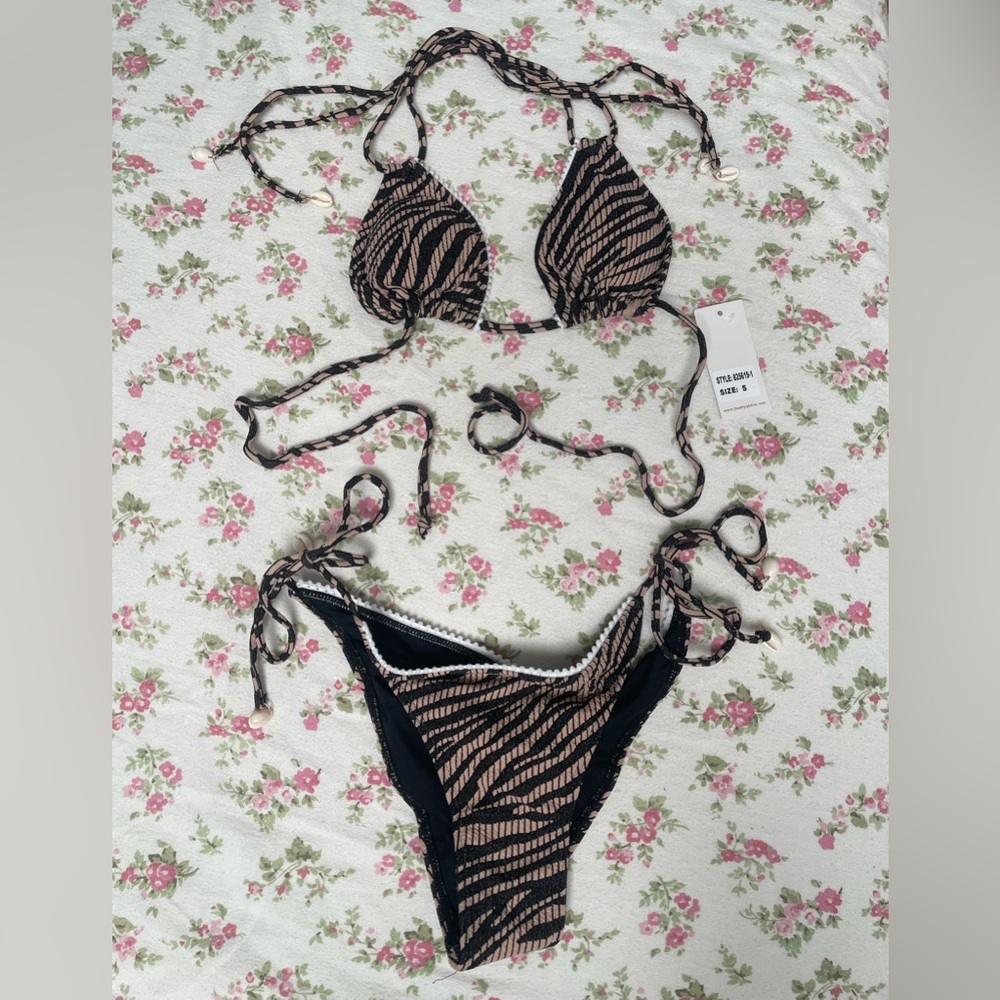 NWT Zebra Black and Tan Bikini Set With SeaShell Accents